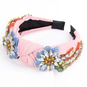 Pink Blue Floral Embellished Embroidered & Rhinestone Headband